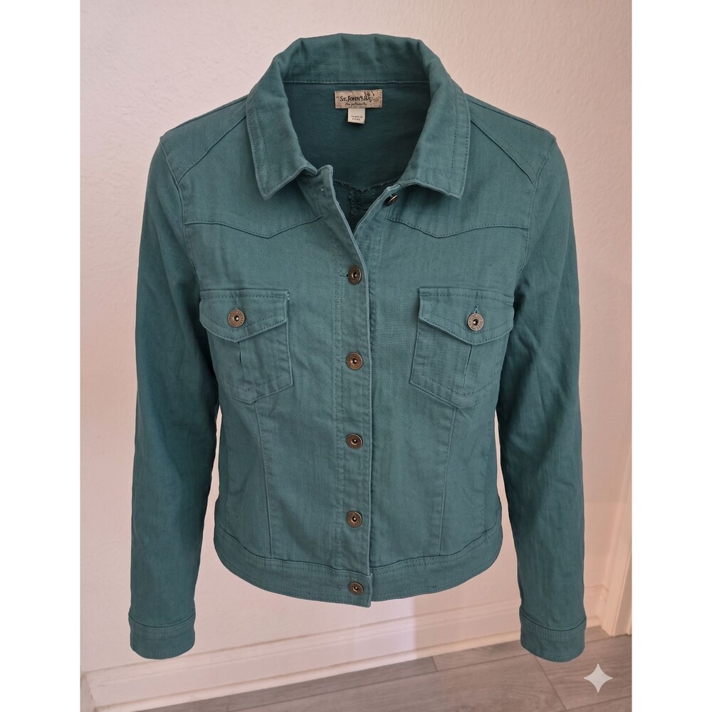 One World Teal Green Western Twill Trucker Denim Jacket L Womens Denim